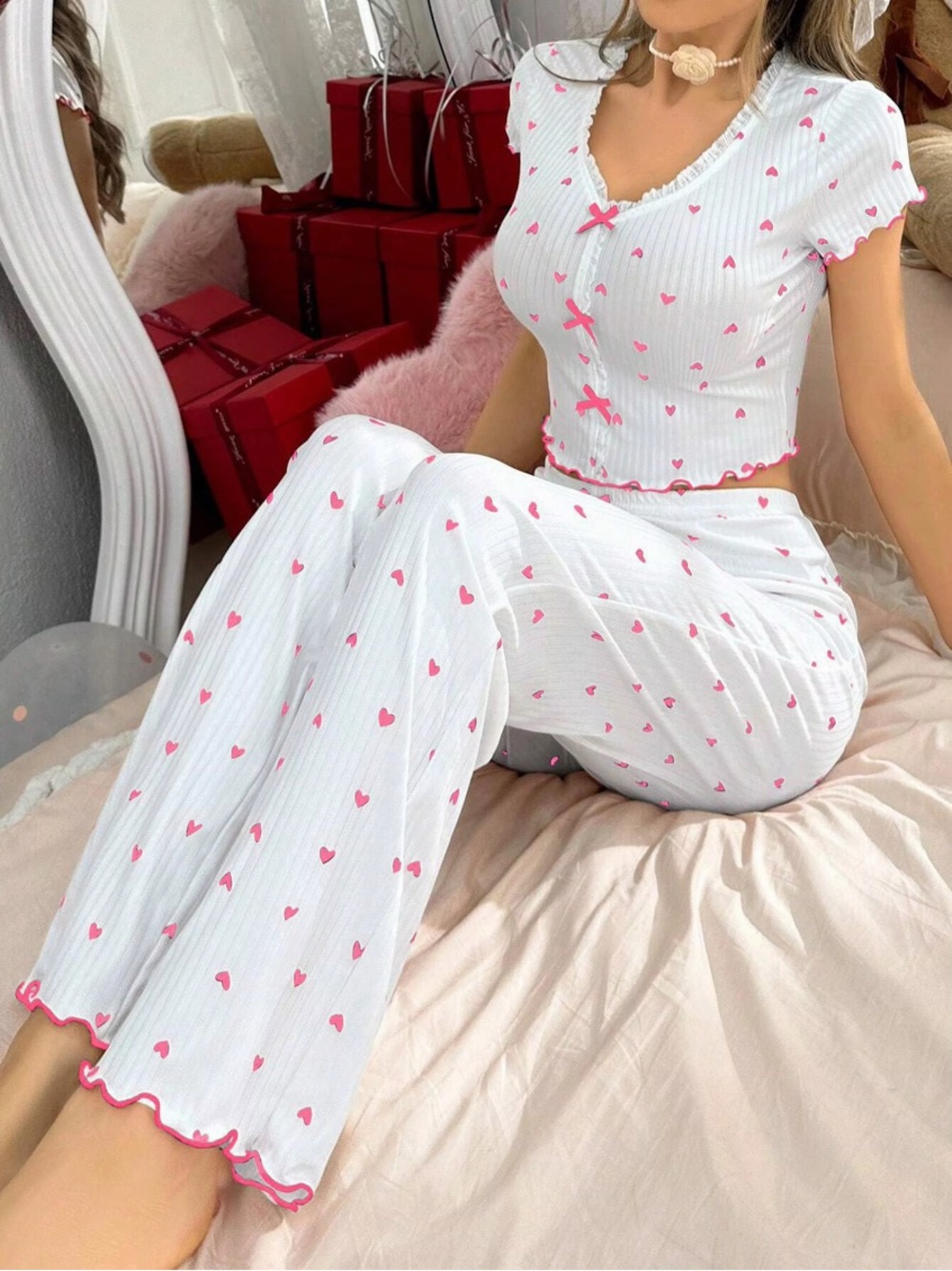 White & Pink Heart-Print Ribbed Pajama Set - Women’s Sleepwear